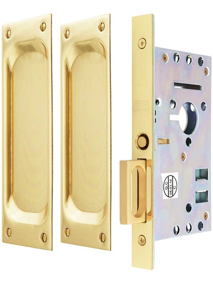 Brass Pocket Door Mortise Lock Set With Rectangular Pulls In Polished Brass 1 3/8 inch Door Thickness